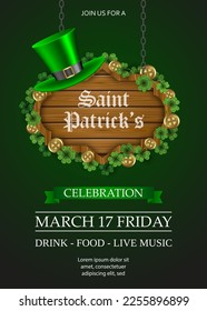 saint patrick's day poster with wooden signboard and green hat. st. patrick's day flyer with clovers and gold coins