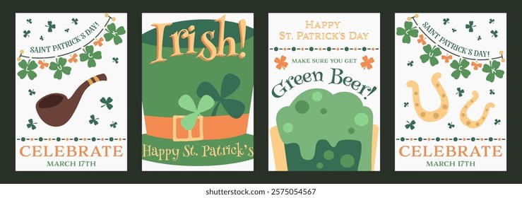 Saint Patrick's Day posters with holiday symbols, shamrocks, green beer, pipe, horseshoe and hat. National Irish celebration cards. Vector flat illustrations and text greetings.