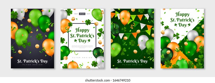 Afiches del Día de San Patricio con trébol, monedas de oro, globos voladores y confetti. Ilustración vectorial. Diseño de invitación de grupo, plantilla tipográfica. Coma, bebe y sé irlandés. Colocar el texto