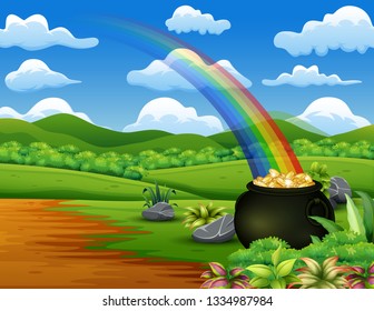 Saint Patrick's Day pot of gold and rainbow on the nature