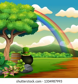Saint Patrick's Day pot of gold and rainbow on the beautiful landscape
