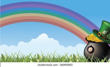 Saint Patrick's Day pot of gold and rainbow background. EPS 10 vector for greeting card, ad, promotion, poster, flier, blog, article, social media, marketing, video