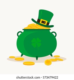 Saint Patrick's Day. Pot of Leprechaun with gold and a lucky leaf clover. Vector illustration.