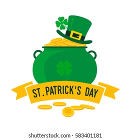 Saint Patrick's Day. Pot of Leprechaun with gold and a lucky leaf clover. Vector illustration.