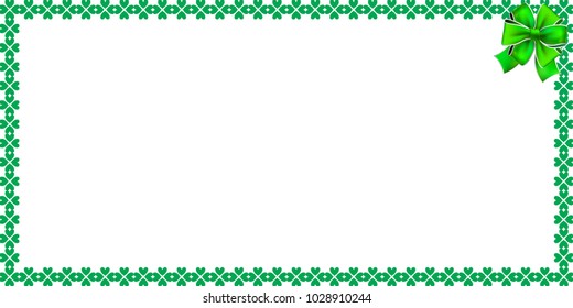 Saint Patricks Day rectangle bordering with shamrocks, ribbon and space for text on white background. Vector illustration, template, banner, poster, billboard, signboard, flyer or photo frame.