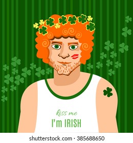Saint Patrick's Day. Redhead Irish man with a step of lips on his cheek. Modern foxy Irish 	bristled man with a shamrock tattoo on his shoulder. Vector illustration