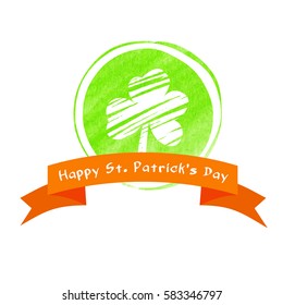 Saint Patrick's Day Retro Background. Watercolor Shamrock emblem with ribbon