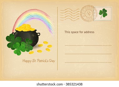 Saint Patrick's Day retro greeting card with pot of gold and rainbow. Vector illustration.