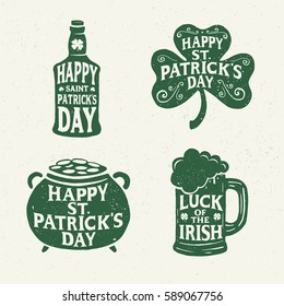 Saint Patricks Day. Retro Style. Set Emblems: leaf clover, pint beer, leaf clover, bottle of beer. Typography. Vector illustration.