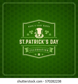 Saint Patricks Day Retro Typographic Badge on Pattern Background. Vintage Vector design greetings card or poster.