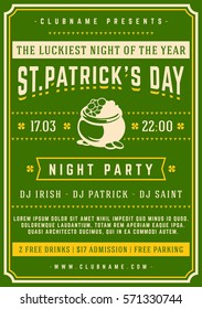 Saint Patricks Day Retro Typographic Party Poster Background. Vintage Vector Illustration.