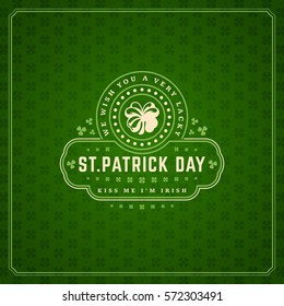 Saint Patricks Day Retro Typographic Badge on Pattern Background. Vintage Vector design greetings card or poster.