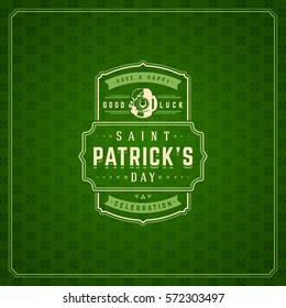 Saint Patricks Day Retro Typographic Badge on Pattern Background. Vintage Vector design greetings card or poster.