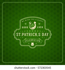 Saint Patricks Day Retro Typographic Badge on Pattern Background. Vintage Vector design greetings card or poster.