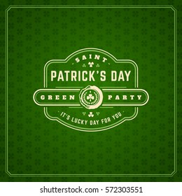 Saint Patricks Day Retro Typographic Badge on Pattern Background. Vintage Vector design greetings card or poster.