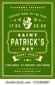 Saint Patricks Day Retro Typographic Party Poster Background. Vintage Vector Illustration.