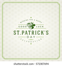 Saint Patricks Day Retro Typographic Badge on Pattern Background. Vintage Vector design greetings card or poster.