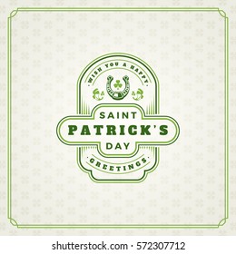 Saint Patricks Day Retro Typographic Badge on Pattern Background. Vintage Vector design greetings card or poster.