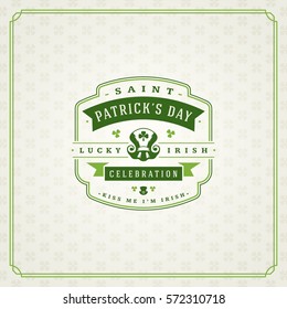 Saint Patrick's Day Retro Typographic Badge on Pattern Background. Vintage Vector design greetings card or poster.