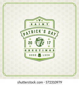 Saint Patrick's Day Retro Typographic Badge on Pattern Background. Vintage Vector design greetings card or poster.