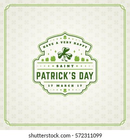 Saint Patrick's Day Retro Typographic Badge on Pattern Background. Vintage Vector design greetings card or poster.