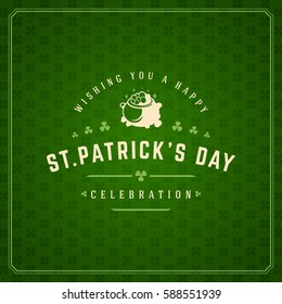 Saint Patricks Day Retro Typographic Badge on Pattern Background. Vintage Vector design greetings card or poster.