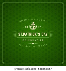 Saint Patricks Day Retro Typographic Badge on Pattern Background. Vintage Vector design greetings card or poster.