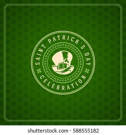 Saint Patricks Day Retro Typographic Badge on Pattern Background. Vintage Vector design greetings card or poster.
