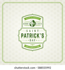 Saint Patricks Day Retro Typographic Badge on Pattern Background. Vintage Vector design greetings card or poster.