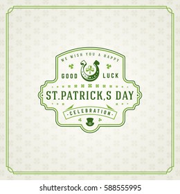 Saint Patricks Day Retro Typographic Badge on Pattern Background. Vintage Vector design greetings card or poster.