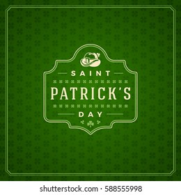 Saint Patricks Day Retro Typographic Badge on Pattern Background. Vintage Vector design greetings card or poster.