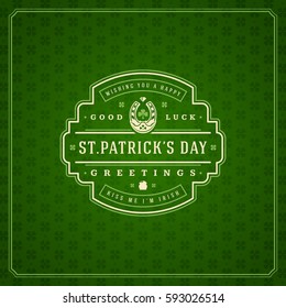 Saint Patricks Day Retro Typographic Badge on Pattern Background. Vintage Vector design greetings card or poster.