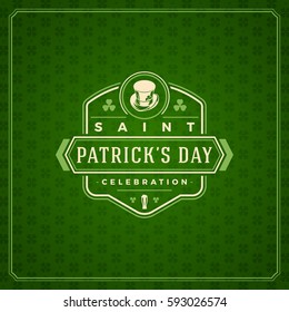 Saint Patricks Day Retro Typographic Badge on Pattern Background. Vintage Vector design greetings card or poster.