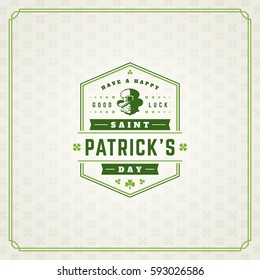 Saint Patricks Day Retro Typographic Badge on Pattern Background. Vintage Vector design greetings card or poster.