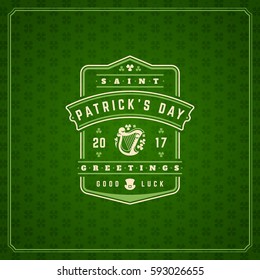 Saint Patricks Day Retro Typographic Badge on Pattern Background. Vintage Vector design greetings card or poster.