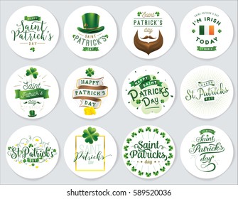 Saint Patricks day round badges set. 17 March. Vector typography.