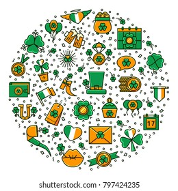 Saint Patrick's Day round composition with flat color line icons. St Patricks holiday vector illustration with irish signs and symbols into a circle in thin linear design.