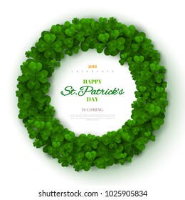 Saint Patrick's Day Round Frame with Green Four and Tree Leaf Clovers Isolated on White Background. Vector illustration. Party Invitation Design, Typographic Template.