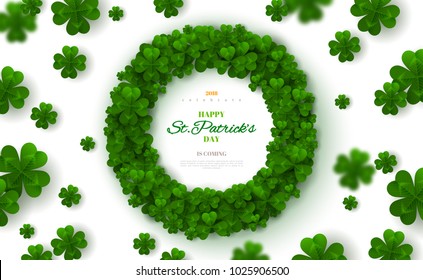 Saint Patrick's Day Round Frame with Green Four and Tree Leaf Clovers on Bright Background. Vector illustration. Party Invitation Design, Typographic Template. Lucky and success symbols