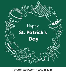 Saint Patrick's Day round frame template. Traditional objects - hat, harp, shamrock, beer, bagpipes, pot. Hand drawn outline vector sketch illustration