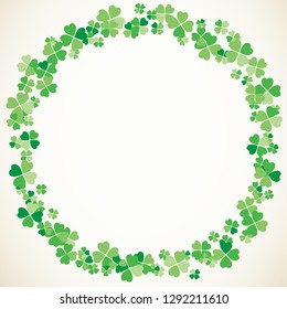 Saint Patrick's Day round light vector frame with small green four-leaf clover shamrock leaves. Irish festival celebration greeting card design background. Nature floral spring backdrop.