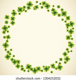 Saint Patrick's Day round light vector frame with small green four-leaf clover shamrock leaves. Irish festival celebration greeting card design background. Nature floral spring backdrop.