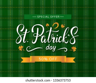 Saint Patrick's Day sale banner design template with beautiful handwritten lettering, horseshoe and clover. Special offer 50% off. - Vector