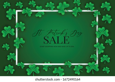 Saint Patricks Day sale banner background with clover leaves. Vector illustration.