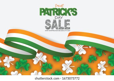 Saint Patricks Day sale banner background with clover leaves. Green and orange colors. Vector illustration.