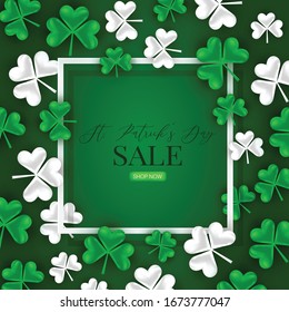 Saint Patricks Day sale banner background with clover leaves. Vector illustration.