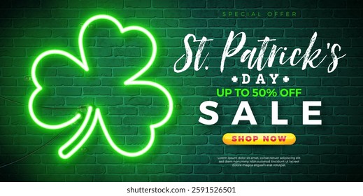 Saint Patrick's Day Sale Banner Illustration with Glowing Clover Leaves Shape Neon Lights on Brick Wall Background. Irish Traditional St. Patricks Day Lucky Celebration Vector Design for Coupon