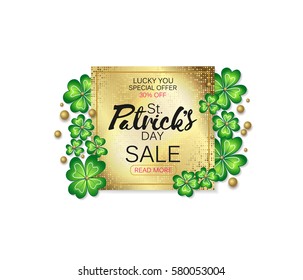 Saint Patrick's Day sale banner, advertising. Vector illustration. Golden plate with lettering and clover leaves on white background.