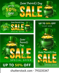 Saint Patricks Day sale. Cover and advertising banner templates set for popular social media web pages or any print productions. Standard size. Vector illustration.