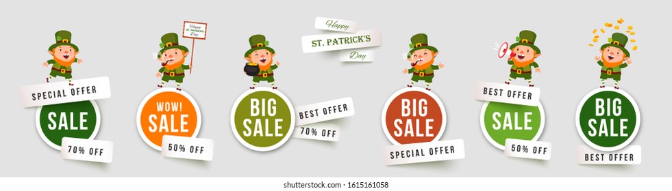 Saint Patricks Day sale isolated stickers with leprechauns. Set of paper cut vector banners with funny traditional characters. Collection of elements for holiday promotions and discounts
